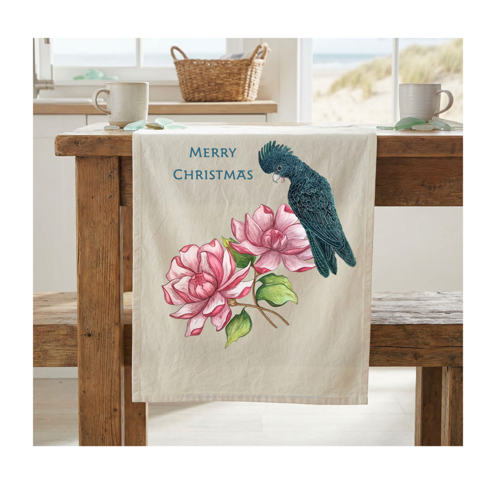 Black Cockatoo Floral Christmas Tea Towel