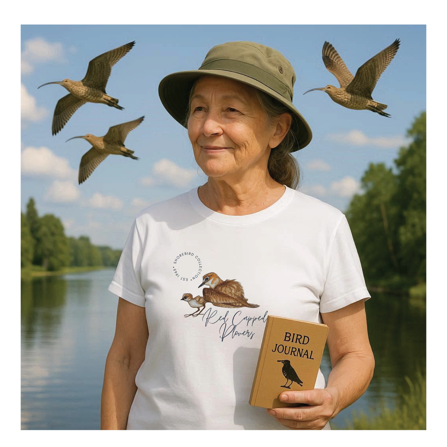 Vintage Shorebird Red Capped Plovers Print T-Shirt: Eco-Friendly Bird Lover Apparel