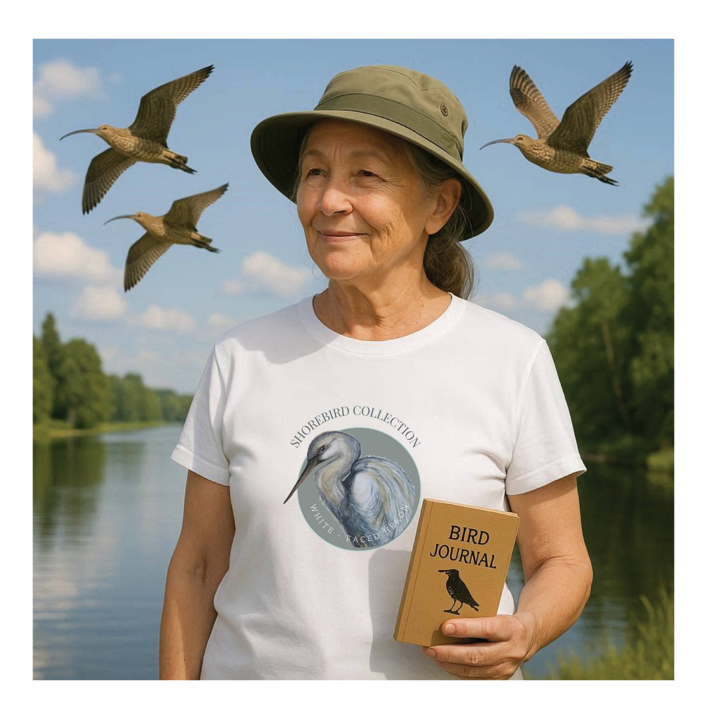 Vintage Shorebird White Faced Herons Print T-Shirt: Eco-Friendly Bird Lover Apparel