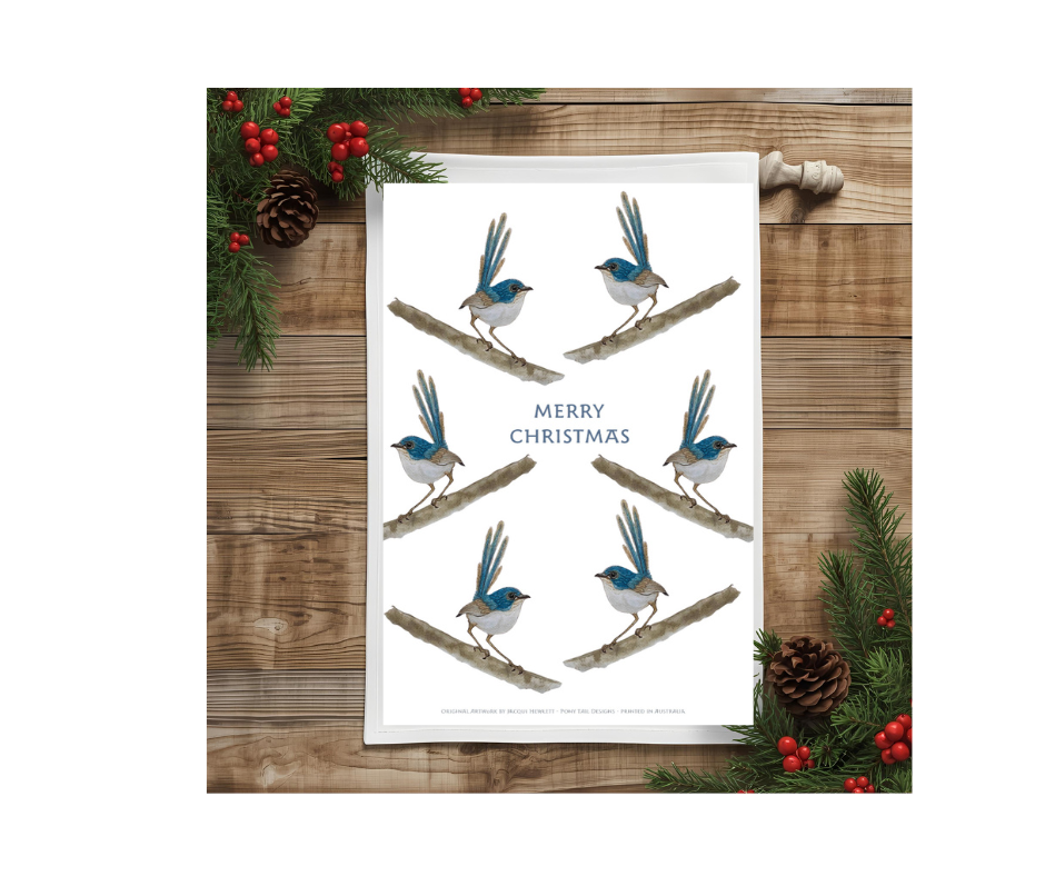 Blue Wren and Gum Christmas Tea Towel