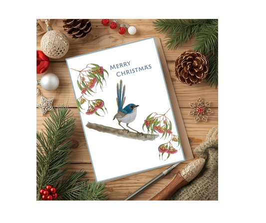 Blue Wren and Gum Christmas Card