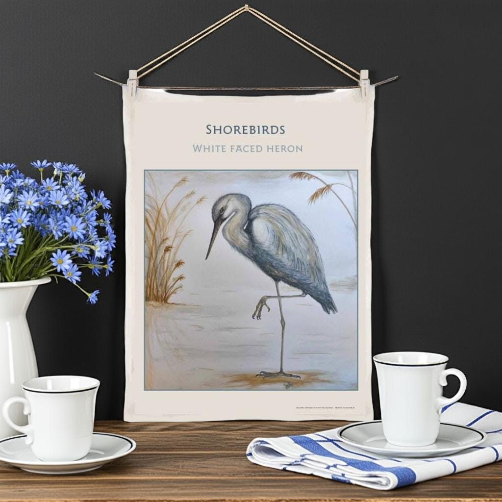 Shorebird Tea Towel - White Faced Heron - Australian made and exclusively designed   -  ONLY 1 LEFT!