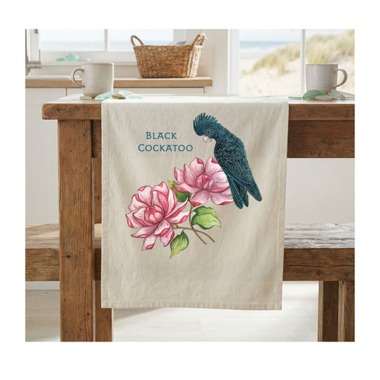 Black Cockatoo Floral Tea Towel